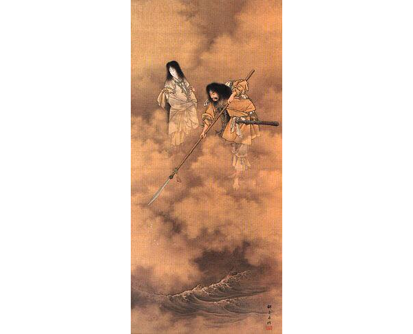 琉球王朝の系譜と大和王朝の系譜 天瓊を以て滄海を探るの図(小林永濯・画、明治時代)