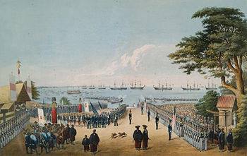 近代以降初めて西洋が守勢にたたされている 嘉永7年(1854年)横浜への黒船来航 ペリーに随行した画家ヴィルヘルム・ハイネによるリトグラフ