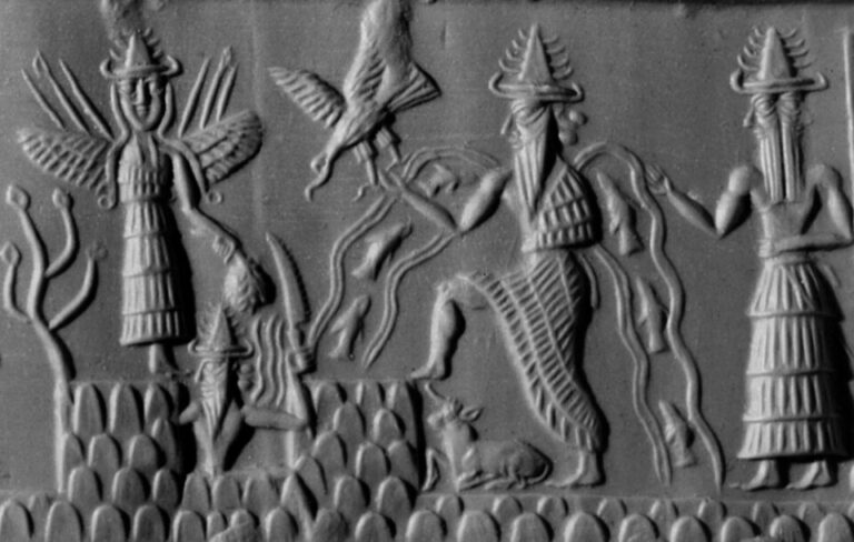 Akkadian cylinder seal from sometime around 2300 BC or thereabouts depicting the deities Inanna, Utu, Enki, and Isimud